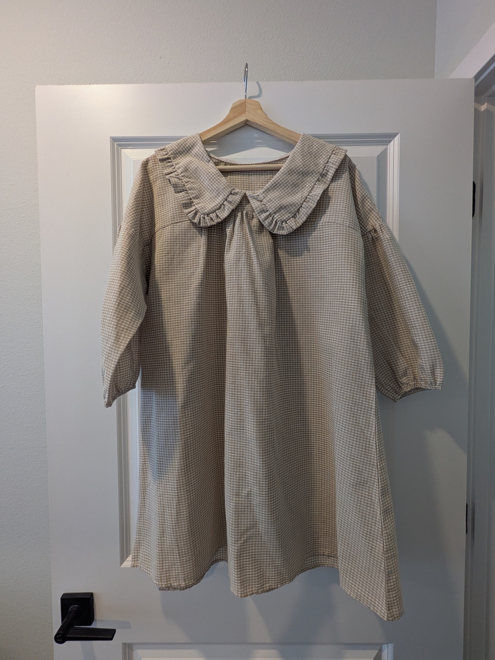 Gingham Ruffle Collar Smock Dress in Beige